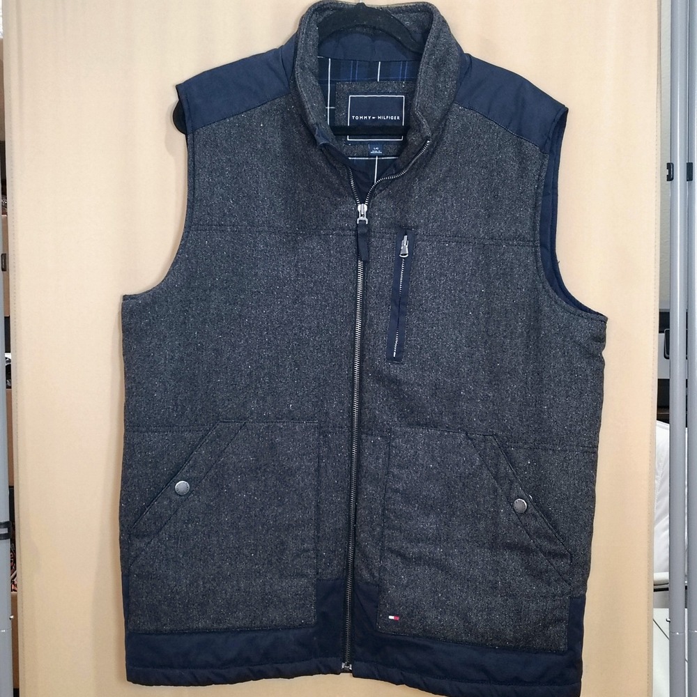 Tommy Hilfiger Vest Men L Grey Wool Tweed Full Zip Puffer Preppy Academic Layers